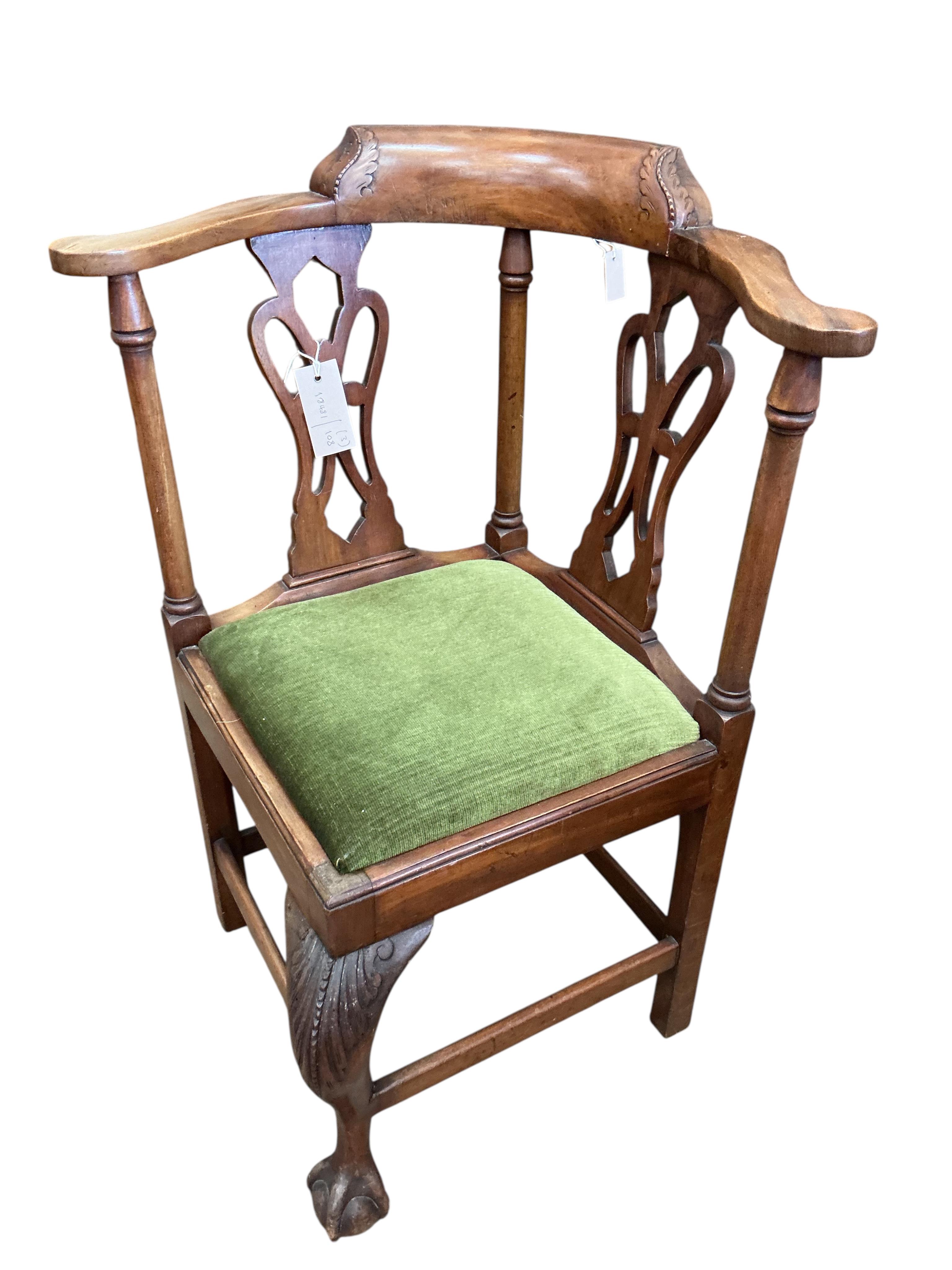 A George III style child's mahogany corner elbow chair, one other child's chair and a tripod wine table